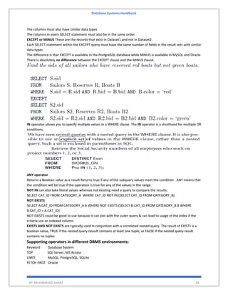 Database Systems Handbook
BY: MUHAMMAD SHARIF 28
The columns must also have similar data types
The columns in every SELECT statement must also be in the same order
EXCEPT or MINUS These are the records that exist in Dataset1 and not in Dataset2.
Each SELECT statement within the EXCEPT query must have the same number of fields in the result sets with similar
data types.
The difference is that EXCEPT is available in the PostgreSQL database while MINUS is available in MySQL and Oracle.
There is absolutely no difference between the EXCEPT clause and the MINUS clause.
IN operator allows you to specify multiple values in a WHERE clause. The IN operator is a shorthand for multiple OR
conditions.
ANY operator
Returns a Boolean value as a result Returns true if any of the subquery values meet the condition . ANY means that
the condition will be true if the operation is true for any of the values in the range.
NOT IN can also take literal values whereas not existing need a query to compare the results.
SELECT CAT_ID FROM CATEGORY_A WHERE CAT_ID NOT IN (SELECT CAT_ID FROM CATEGORY_B)
NOT EXISTS
SELECT A.CAT_ID FROM CATEGORY_A A WHERE NOT EXISTS (SELECT B.CAT_ID FROM CATEGORY_B B WHERE
B.CAT_ID = A.CAT_ID)
NOT EXISTS could be good to use because it can join with the outer query & can lead to usage of the index if the
criteria use an indexed column.
EXISTS AND NOT EXISTS are typically used in conjuntion with a correlated nested query. The result of EXISTS is a
boolean value, TRUE if the nested query ressult contains at least one tuple, or FALSE if the nested query result
contains no tuples
Supporting operators in different DBMS environments:
Keyword Database System
TOP SQL Server, MS Access
LIMIT MySQL, PostgreSQL, SQLite
FETCH FIRST Oracle
 