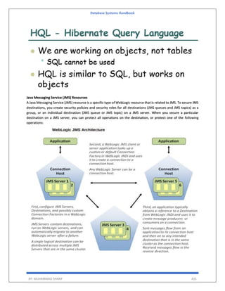 Database Systems Handbook
BY: MUHAMMAD SHARIF 435
Java Messaging Service (JMS) Resources
A Java Messaging Service (JMS) resource is a specific type of WebLogic resource that is related to JMS. To secure JMS
destinations, you create security policies and security roles for all destinations (JMS queues and JMS topics) as a
group, or an individual destination (JMS queue or JMS topic) on a JMS server. When you secure a particular
destination on a JMS server, you can protect all operations on the destination, or protect one of the following
operations:
 