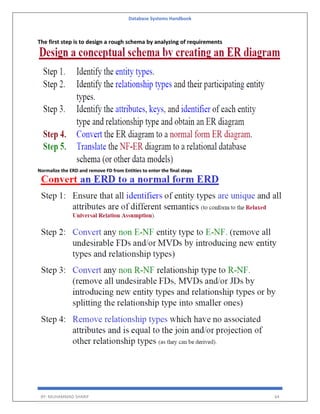 Database Systems Handbook
BY: MUHAMMAD SHARIF 64
The first step is to design a rough schema by analyzing of requirements
Normalize the ERD and remove FD from Entities to enter the final steps
 