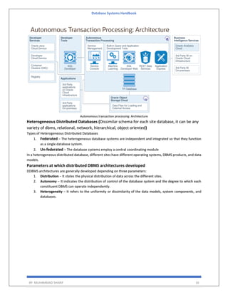 Database Systems Handbook
BY: MUHAMMAD SHARIF 16
Autonomous transaction processing: Architecture
Heterogeneous Distributed Databases (Dissimilar schema for each site database, it can be any
variety of dbms, relational, network, hierarchical, object oriented)
Types of Heterogeneous Distributed Databases
1. Federated − The heterogeneous database systems are independent and integrated so that they function
as a single database system.
2. Un-federated − The database systems employ a central coordinating module
In a heterogeneous distributed database, different sites have different operating systems, DBMS products, and data
models.
Parameters at which distributed DBMS architectures developed
DDBMS architectures are generally developed depending on three parameters:
1. Distribution − It states the physical distribution of data across the different sites.
2. Autonomy − It indicates the distribution of control of the database system and the degree to which each
constituent DBMS can operate independently.
3. Heterogeneity − It refers to the uniformity or dissimilarity of the data models, system components, and
databases.
 