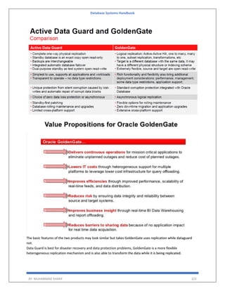 Database Systems Handbook
BY: MUHAMMAD SHARIF 323
The basic features of the two products may look similar but takes GoldenGate uses replication while dataguard
not.
Data Guard is best for disaster recovery and data protection problems, GoldenGate is a more flexible
heterogeneous replication mechanism and is also able to transform the data while it is being replicated.
 