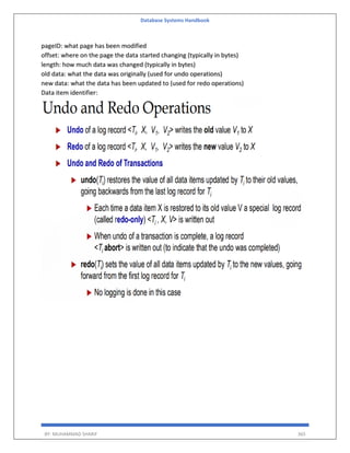 Database Systems Handbook
BY: MUHAMMAD SHARIF 365
pageID: what page has been modified
offset: where on the page the data started changing (typically in bytes)
length: how much data was changed (typically in bytes)
old data: what the data was originally (used for undo operations)
new data: what the data has been updated to (used for redo operations)
Data item identifier:
 