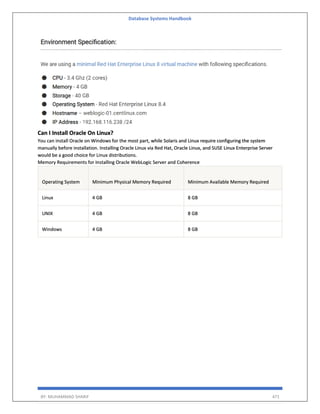 Database Systems Handbook
BY: MUHAMMAD SHARIF 471
Can I Install Oracle On Linux?
You can install Oracle on Windows for the most part, while Solaris and Linux require configuring the system
manually before installation. Installing Oracle Linux via Red Hat, Oracle Linux, and SUSE Linux Enterprise Server
would be a good choice for Linux distributions.
Memory Requirements for Installing Oracle WebLogic Server and Coherence
Operating System Minimum Physical Memory Required Minimum Available Memory Required
Linux 4 GB 8 GB
UNIX 4 GB 8 GB
Windows 4 GB 8 GB
 