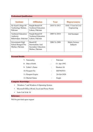 Professional Qualification:
Institute Affiliation Year Degree/course
Sir Syed College Of
Technology Multan ,
Pakistan
Punjab Board Of
Technical Education
Lahore, Pakistan
2010 To 2013 DAE 3 Year In Civil
Engineering
Technical Education
Authority
Bahawalpur ,Pakistan
Punjab Board Of
Technical Education
Lahore, Pakistan
2009 To 2010 Civil Surveyor
Government High
School Rangeel Pur
Multan, Pakistan
Board Of
Intermediate And
Secondary Education
Multan, Pakistan
2006 To 2008 Matric Science
Subjects
Personal Details:
7- Nationality : Pakistani
8- Date of birth : 15- Apr-1992
9- Father’s Name : Shaukat Ali
10- Passport No : DD7965931
11- Passport Expire : 26-Feb-2020
12- Marital Status : Single
Computer Knowledge:
• Windows 7 and Windows 8 Operating System
• Microsoft Office (Word, Excel and Power Point)
• Auto Cad 2d & 3d
Reference:
Will be provided upon request
 