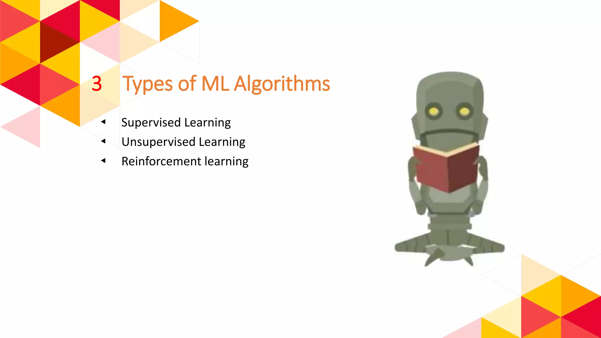 3 Types of ML Algorithms
◂ Supervised Learning
◂ Unsupervised Learning
◂ Reinforcement learning
 