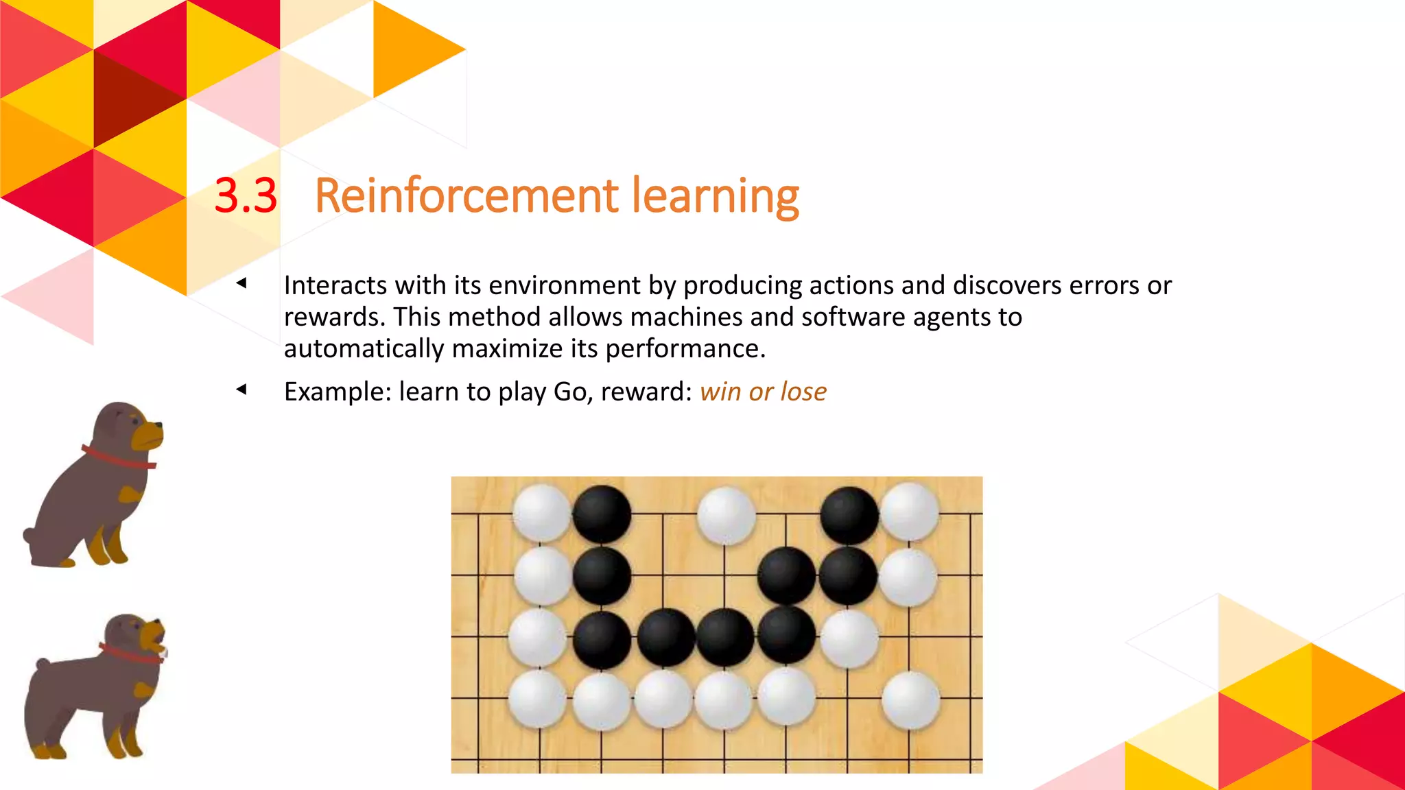 3.3 Reinforcement learning
◂ Interacts with its environment by producing actions and discovers errors or
rewards. This method allows machines and software agents to
automatically maximize its performance.
◂ Example: learn to play Go, reward: win or lose
 