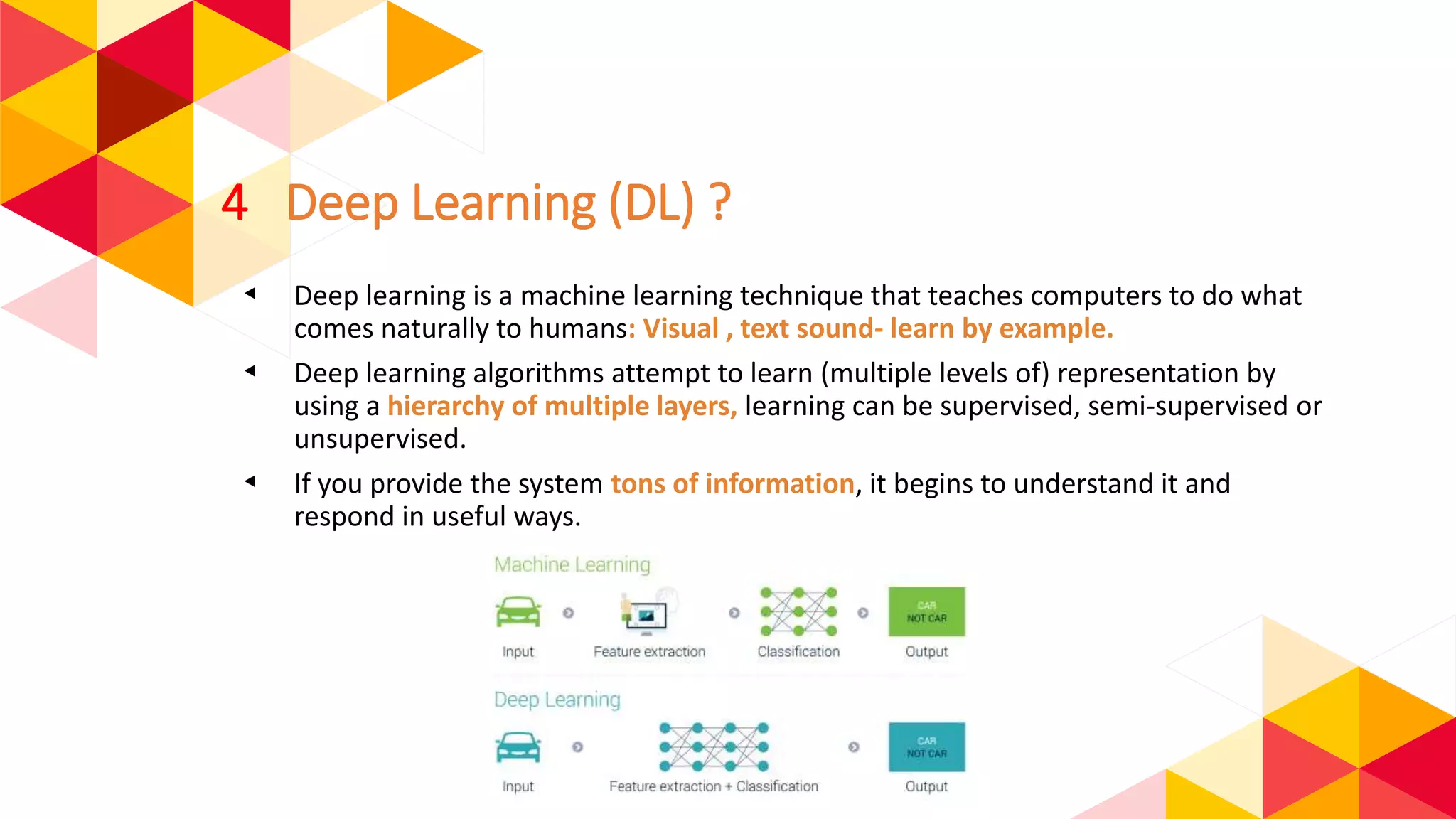 4 Deep Learning (DL) ?
◂ Deep learning is a machine learning technique that teaches computers to do what
comes naturally to humans: Visual , text sound- learn by example.
◂ Deep learning algorithms attempt to learn (multiple levels of) representation by
using a hierarchy of multiple layers, learning can be supervised, semi-supervised or
unsupervised.
◂ If you provide the system tons of information, it begins to understand it and
respond in useful ways.
 