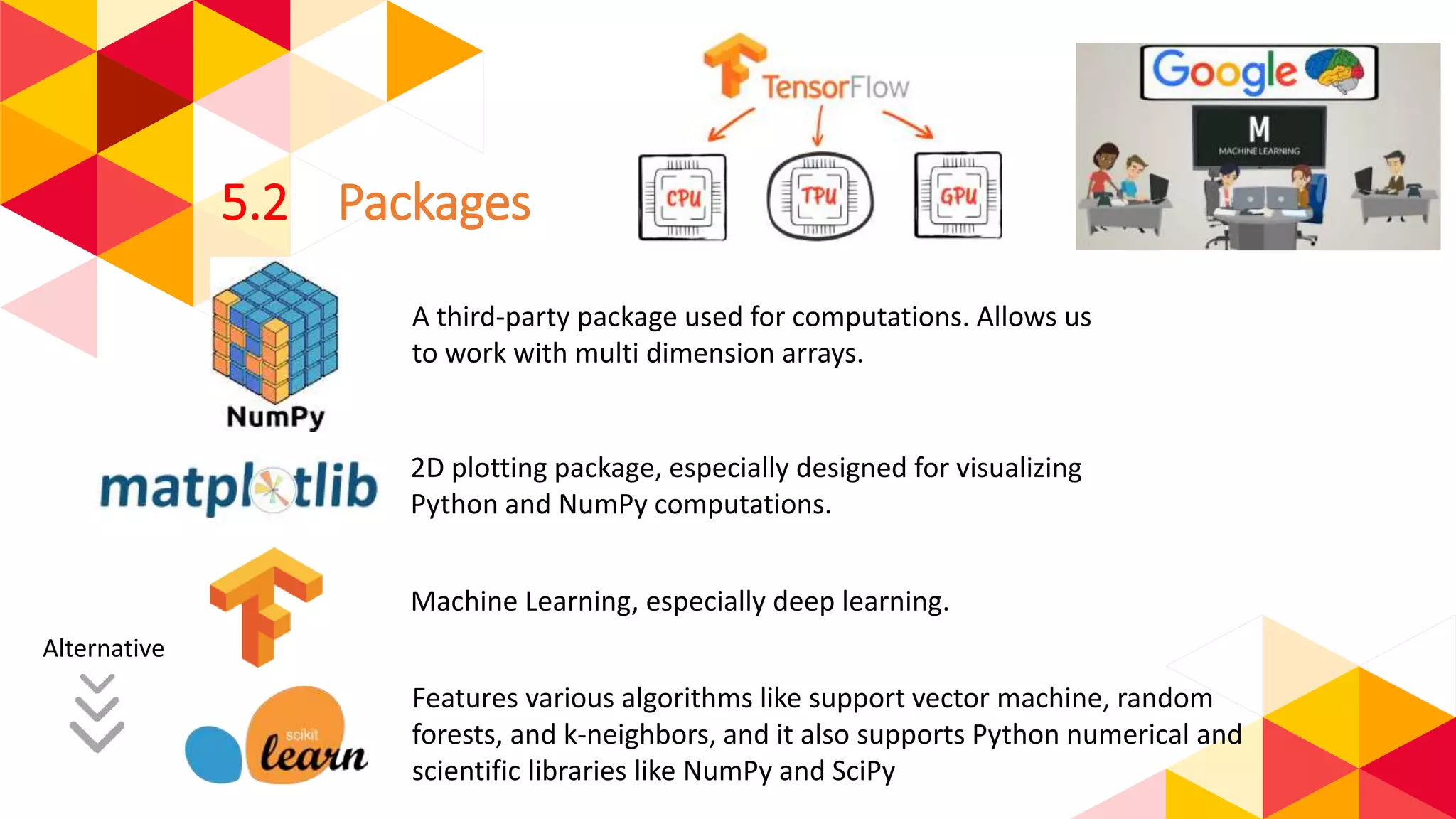 5.2 Packages
A third-party package used for computations. Allows us
to work with multi dimension arrays.
2D plotting package, especially designed for visualizing
Python and NumPy computations.
Machine Learning, especially deep learning.
Features various algorithms like support vector machine, random
forests, and k-neighbors, and it also supports Python numerical and
scientific libraries like NumPy and SciPy
Alternative
 