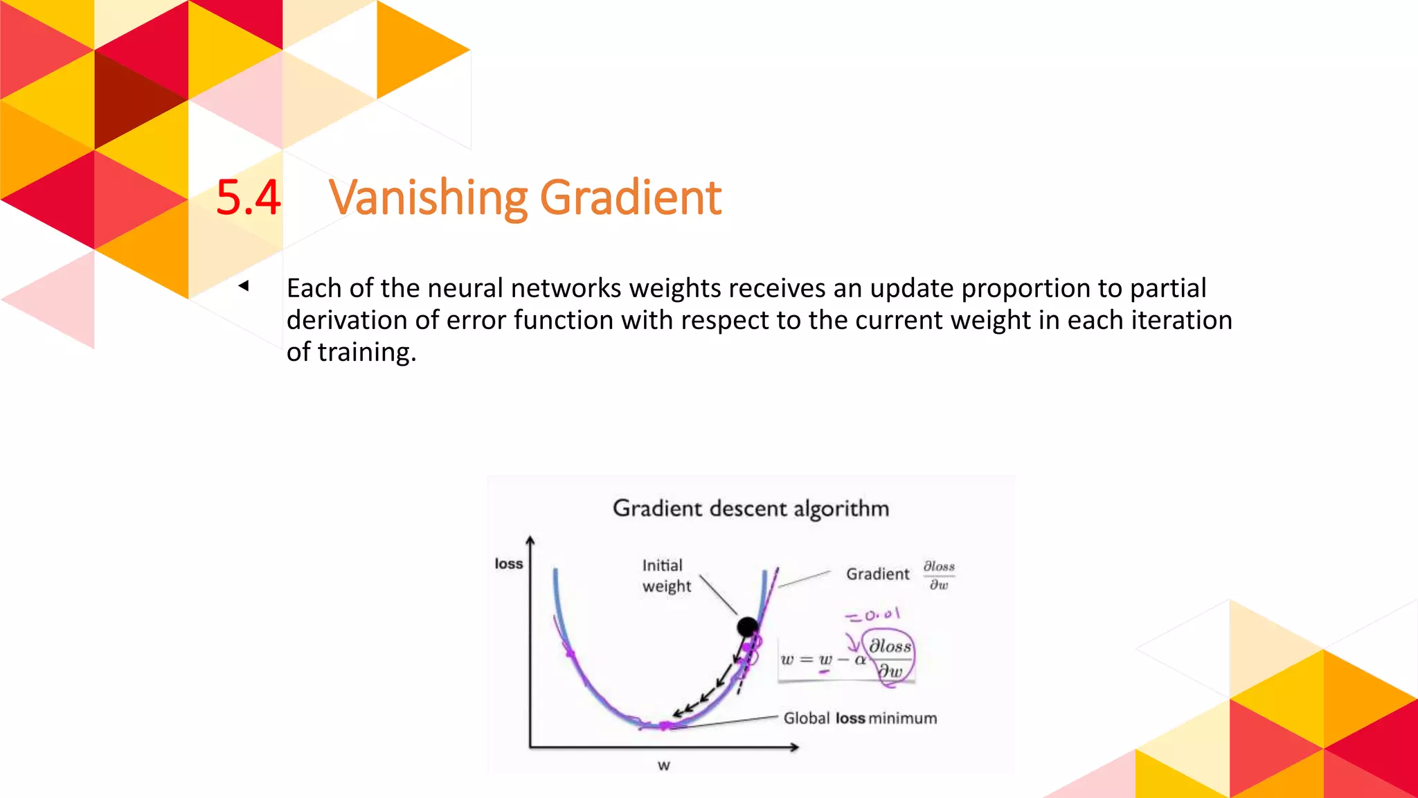 5.4 Vanishing Gradient
◂ Each of the neural networks weights receives an update proportion to partial
derivation of error function with respect to the current weight in each iteration
of training.
 