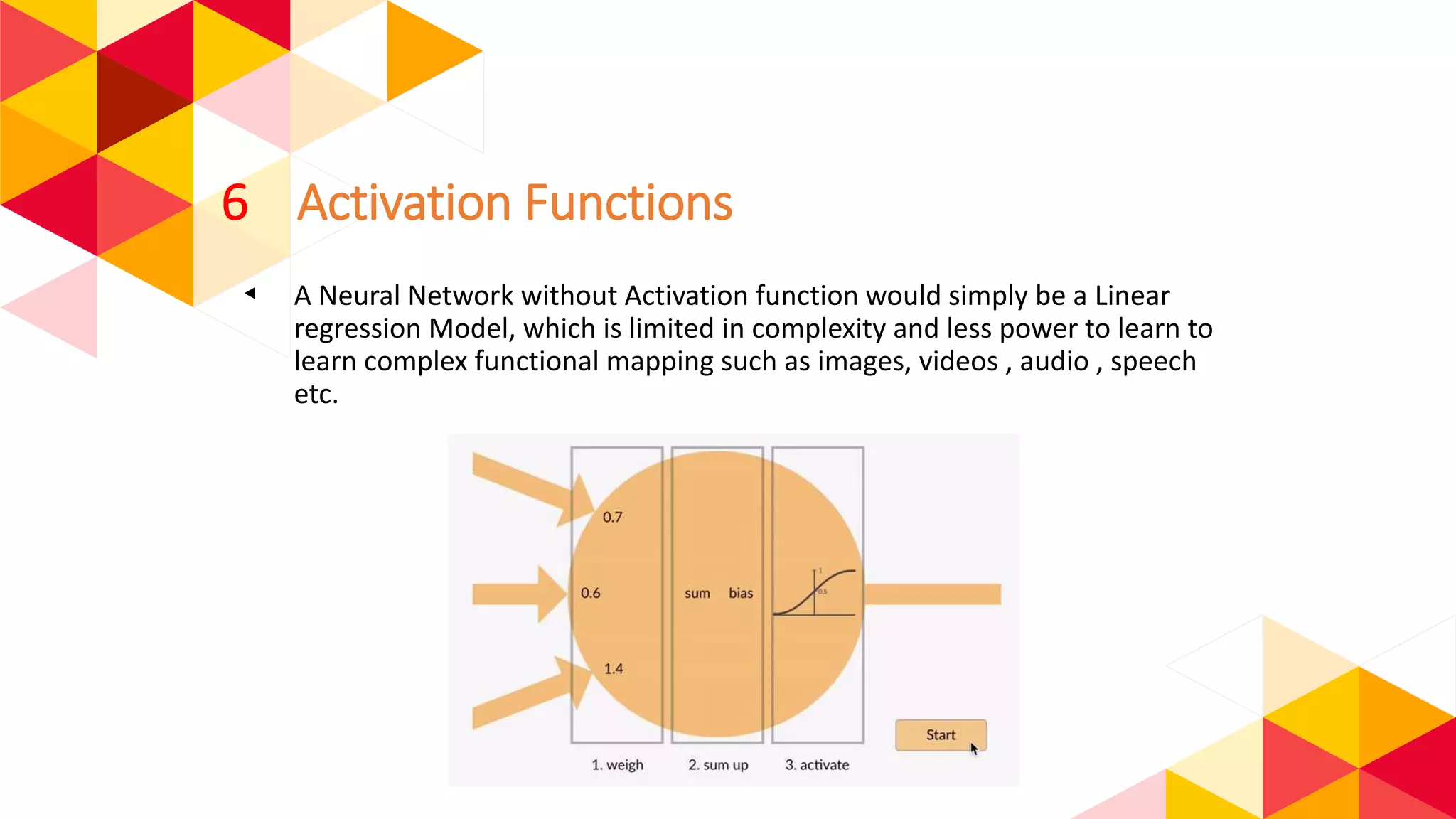 6 Activation Functions
◂ A Neural Network without Activation function would simply be a Linear
regression Model, which is limited in complexity and less power to learn to
learn complex functional mapping such as images, videos , audio , speech
etc.
 