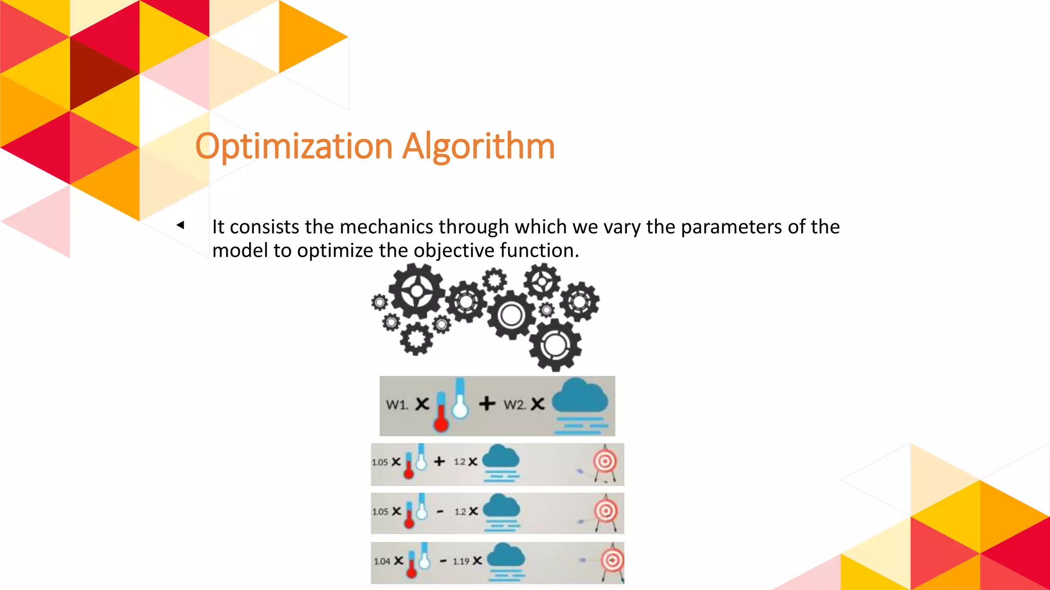 Optimization Algorithm
◂ It consists the mechanics through which we vary the parameters of the
model to optimize the objective function.
 