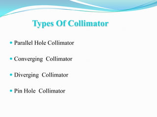 Types Of Collimator

 Parallel Hole Collimator

 Converging Collimator

 Diverging Collimator

 Pin Hole Collimator
 