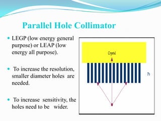 Parallel Hole Collimator
 LEGP (low energy general
  purpose) or LEAP (low
  energy all purpose).

 To increase the resolution,
  smaller diameter holes are
  needed.

 To increase sensitivity, the
  holes need to be wider.
 