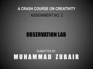 A CRASH COURSE ON CREATIVITY
      ASSIGNMENT NO. 2



    OBSERVATION LAB

         SUBMITTED BY

MUHAMMAD ZUBAIR
 