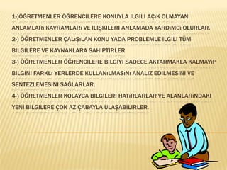 1-)Öğretmenler öğrencilere konuyla ilgili açık olmayan anlamları kavramları ve ilişkileri anlamada yardımcı olurlar.2-) Öğretmenler çalışılan konu yada problemle ilgili tüm bilgilere ve kaynaklara sahiptirler3-) Öğretmenler öğrencilere bilgiyi sadece aktarmakla kalmayıp bilgini farklı yerlerde kullanılmasını analiz edilmesini ve sentezlemesini sağlarlar.4-) Öğretmenler kolayca bilgileri hatırlarlar ve alanlarındaki yeni bilgilere çok az çabayla ulaşabilirler.
