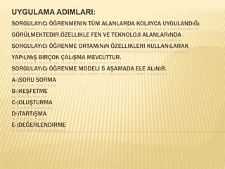 UYGULAMA ADIMLARI:Sorgulayıcı öğrenmenin tüm alanlarda kolayca uygulandığı görülmektedir.Özellikle fen ve teknoloji alanlarında sorgulayıcı öğrenme ortamının özellikleri kullanılarak yapılmış birçok çalışma mevcuttur.Sorgulayıcı öğrenme modeli 5 aşamada ele alınır.A-)Soru sormaB-)KeşfetmeC-)OluşturmaD-)TartışmaE-)Değerlendirme
