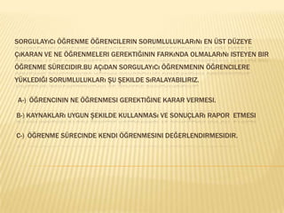 Sorgulayıcı öğrenme öğrencilerin sorumluluklarını en üst düzeye çıkaran ve ne öğrenmeleri gerektiğinin farkında olmalarını isteyen bir öğrenme sürecidir.bu açıdan sorgulayıcı öğrenmenin öğrencilere yüklediği sorumlulukları şu şekilde sıralayabiliriz.A-)Öğrencinin ne öğrenmesi gerektiğine karar vermesi. B-) Kaynakları uygun şekilde kullanması ve sonuçları rapor  etmesi  c-)Öğrenme sürecinde kendi öğrenmesini değerlendirmesidir.