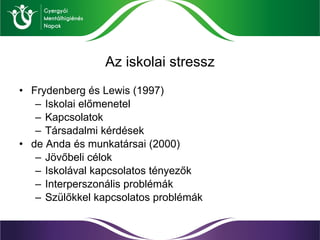 Az iskolai stressz <ul><li>Frydenberg és Lewis (1997) </li></ul><ul><ul><li>Iskolai előmenetel </li></ul></ul><ul><ul><li>...