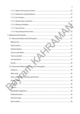 Bayram
KAH
R
AM
AN
3
1.11.2. İşletme Sermayesinin Erimesi........................................................................................... 22
1.11.3. Gelirlerinin Vergilendirilmesi ........................................................................................... 22
1.11.4. Faiz Oranları....................................................................................................................... 22
1.11.5. İndirim OranıAyarlaması.................................................................................................. 24
1.11.6. Planlama Zorlukları............................................................................................................ 25
1.11.7. Kayıt Sistemi ...................................................................................................................... 25
1.11.8. SatışSözleşmelerine Etkisi................................................................................................25
2. Makroekonomik Hesaplar.................................................................................................................. 27
2.1. Ekonominin Başlıca Reel Göstergeleri...................................................................................... 27
Büyüme hızı.................................................................................................................................... 27
Sanayi üretimi................................................................................................................................. 27
Elektrik tüketimi ............................................................................................................................. 27
Yatırım malıithalatı........................................................................................................................27
Yatırım teşvikleri ............................................................................................................................ 27
Tarımsal üretim............................................................................................................................... 27
İşsizlik.............................................................................................................................................. 28
2.2. Ekonominin Başlıca Parasal ve Ticari Göstergeleri.................................................................. 28
Enflasyon......................................................................................................................................... 28
Bütçe açığı.......................................................................................................................................28
Kamu sektöründeki borçlanma gereksinimi ................................................................................. 28
İç borç stoku.................................................................................................................................... 28
Dışborç ........................................................................................................................................... 28
Para arzı........................................................................................................................................... 28
Kredilerdeki değişimleri................................................................................................................. 28
Perakende satışlar ........................................................................................................................... 28
Dışticaret açığı............................................................................................................................... 29
Borsa endeksi.................................................................................................................................. 29
 