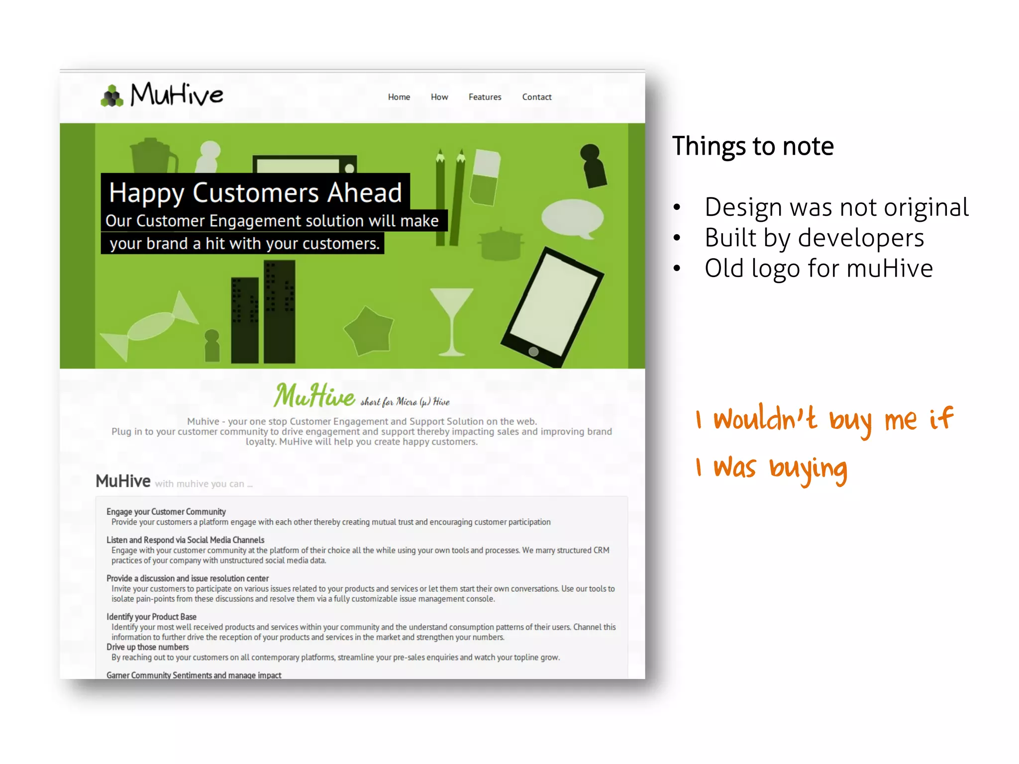 Things to note
• Design was not original
• Built by developers
• Old logo for muHive

I wouldn’t buy me if
I was buying

 