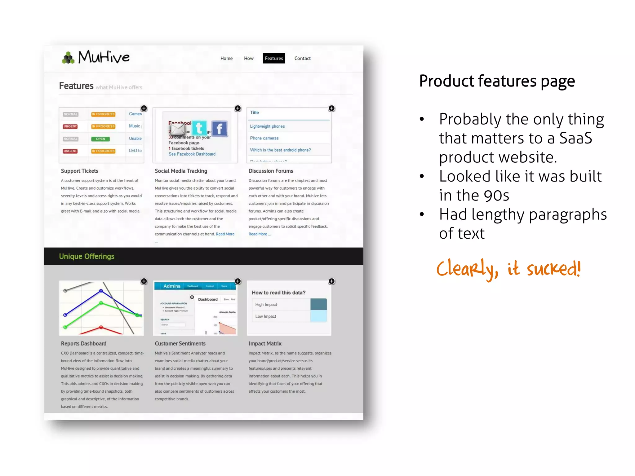 Product features page
• Probably the only thing
that matters to a SaaS
product website.
• Looked like it was built
in the 90s
• Had lengthy paragraphs
of text

Clearly, it sucked!

 