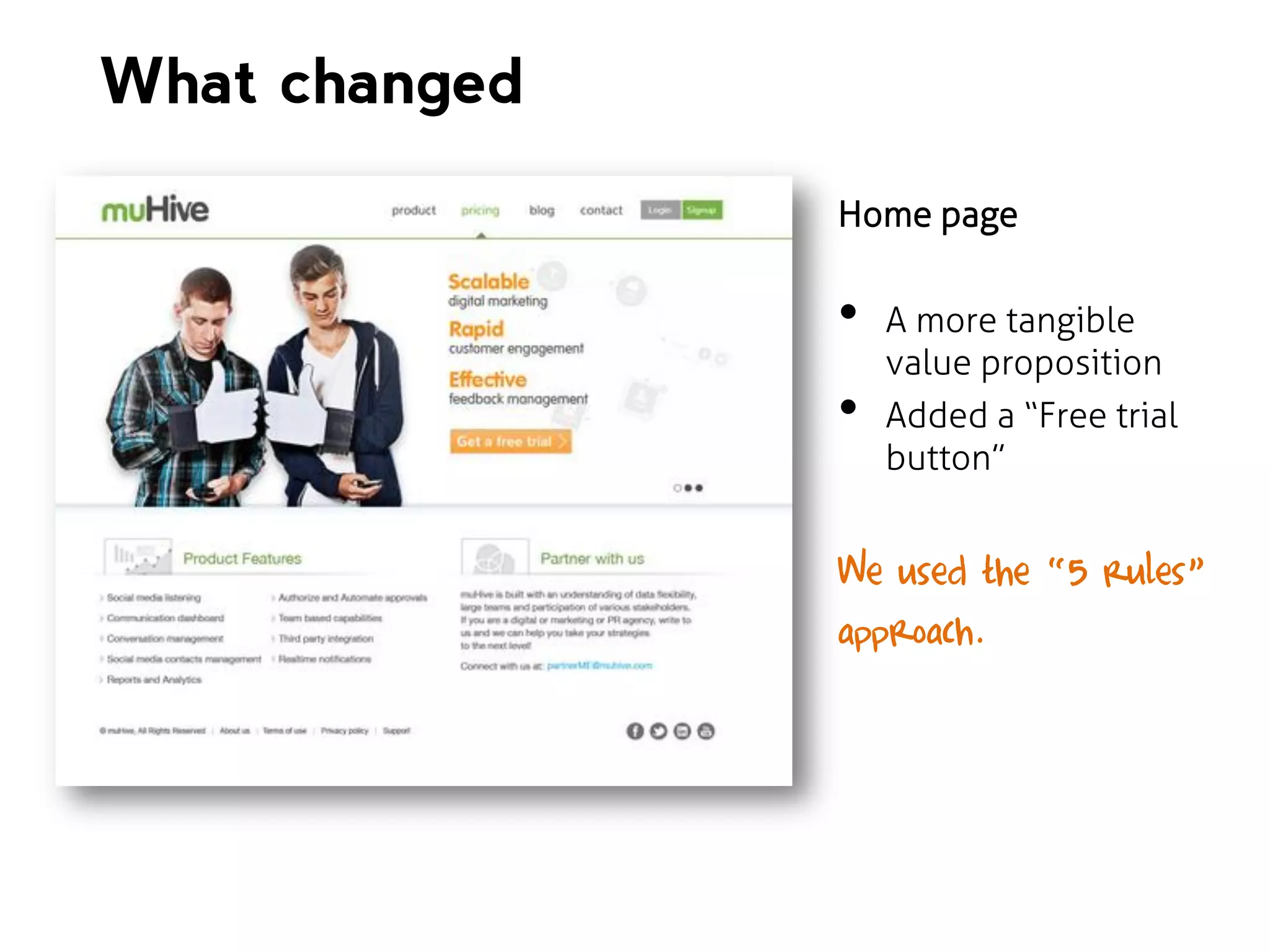 What changed
Home page

•
•

A more tangible
value proposition
Added a “Free trial
button”

We used the “5 rules”
approach.

 