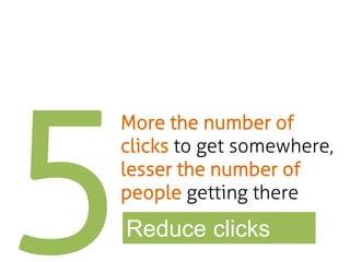More the number of
clicks to get somewhere,
lesser the number of
people getting there

Reduce clicks

 