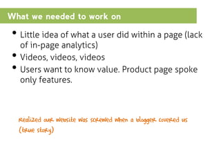 What we needed to work on

• Little idea of what a user did within a page (lack
•
•

of in-page analytics)
Videos, videos,...