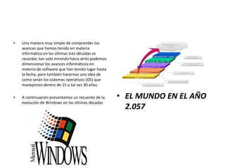 • Una manera muy simple de comprender los
avances que hemos tenido en materia
informática en las últimas tres décadas es
recordar, tan solo mirando hacia atrás podemos
dimensionar los avances informáticos en
materia de software que han tenido lugar hasta
la fecha, pero también hacernos una idea de
como serán los sistemas operativos (OS) que
manejemos dentro de 15 o tal vez 30 años.
• A continuación presentamos un recuento de la
evolución de Windows en las últimas décadas
• EL MUNDO EN EL AÑO
2.057
 