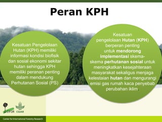 Peran KPH
Kesatuan
pengelolaan Hutan (KPH)
berperan penting
untuk mendorong
implementasi skema-
skema perhutanan sosial untuk
meningkatkan kesejahteraan
masyarakat sekaligus menjaga
kelestaian hutan dan mengurangi
emisi gas rumah kaca penyebab
perubahan iklim.
Kesatuan Pengelolaan
Hutan (KPH) memiliki
informasi kondisi biofisik
dan sosial ekonomi sekitar
hutan sehingga KPH
memiliki peranan penting
dalam mendukung
Perhutanan Sosial (PS)
 