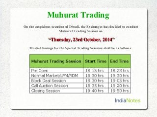Muhurat Trading 
On the auspicious occasion of Diwali, the Exchanges has decided to conduct 
Muhurat Trading Session on 
““TThhuurrssddaayy,, 2233rrdd OOccttoobbeerr,, 22001144”” 
Market timings for the Special Trading Sessions shall be as follows: 
