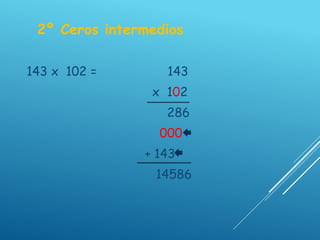 2º Ceros intermedios
143 x 102 = 143
x 102
286
000
+ 143
14586
 
