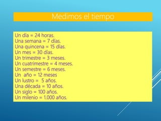 Un día = 24 horas.
Una semana = 7 días.
Una quincena = 15 días.
Un mes = 30 días.
Un trimestre = 3 meses.
Un cuatrimestre = 4 meses.
Un semestre = 6 meses.
Un año = 12 meses
Un lustro = 5 años.
Una década = 10 años.
Un siglo = 100 años.
Un milenio = 1.000 años.
Medimos el tiempo
 