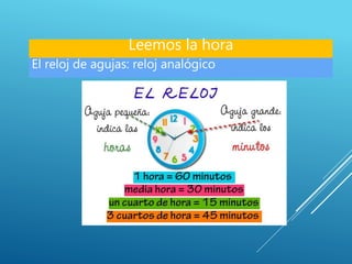 Leemos la hora
El reloj de agujas: reloj analógico
 