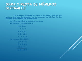 SUMA Y RESTA DE NÚMEROS
DECIMALES
Los números decimales se suman o se restan igual que los
números naturales: las unidades con las unidades, las décimas con las
décimas, las centésimas con las centésimas…
Las cifras que faltan se completan con ceros.
Así sumamos 3,07+48,5+20,675
D U ,d c m
3 0 7 0
4 8 5 0 0
2 0, 6 7 5
7 2, 2 4 5
Así restamos 56,4-28,294
D U, d c m
5 6, 4 0 0
- 2 8, 2 9 4
2 8, 1 0 6
 