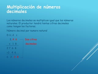 Multiplicación de números
decimales
Los números decimales se multiplican igual que los números
naturales. El productor tendrá tantas cifras decimales
como tengan los factores.
Número decimal por numero natural
D U, d c
3, 4 6 Dos cifras
x 1 8 decimales
2 7 6 8
+3 4 6
6 2, 2 8
 