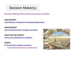 Decision Maker(s)
Decision Making Policies Most Associations Consider

WHO INVITES?
Local Members or Members From National Organizations


WHO DECIDES?
Board, Executive Board or Congress Committee


WHAT DO THEY DECIDE?
Country, City, Meeting venue, Suppliers


WHEN?
2-3 Events before congress in question
    Local Host Committee selects 1 year before that
 