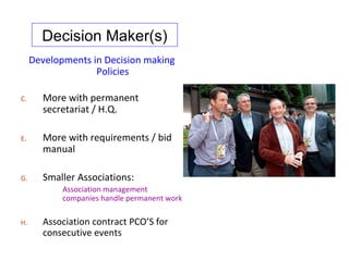 Decision Maker(s)
     Developments in Decision making
                   Policies

C.     More with permanent
       secretariat / H.Q.

E.     More with requirements / bid
       manual

G.     Smaller Associations:
            Association management
            companies handle permanent work

H.     Association contract PCO’S for
       consecutive events
 