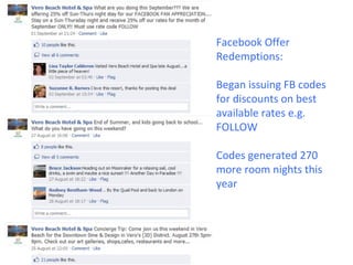 Facebook Offer
Redemptions:

Began issuing FB codes
for discounts on best
available rates e.g.
FOLLOW

Codes generated 270
more room nights this
year
 