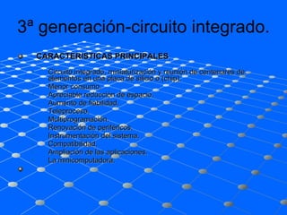 3ª generación-circuito integrado. CARACTERISTICAS PRINCIPALES    Circuito integrado, miniaturización y reunión de centenares de elementos en una placa de silicio o (chip).  Menor consumo.  Apreciable reducción de espacio.  Aumento de fiabilidad.  Teleproceso.  Multiprogramación.  Renovación de periféricos.  Instrumentación del sistema.  Compatibilidad.  Ampliación de las aplicaciones.  La minicomputadora.    