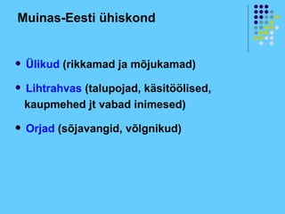 Muinas-Eesti ühiskond


   Ülikud (rikkamad ja mõjukamad)

   Lihtrahvas (talupojad, käsitöölised,
    kaupmehed jt vabad inimesed)

   Orjad (sõjavangid, võlgnikud)
 