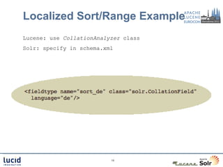 Localized Sort/Range Example
Lucene: use CollationAnalyzer class
Solr: specify in schema.xml




                         ...