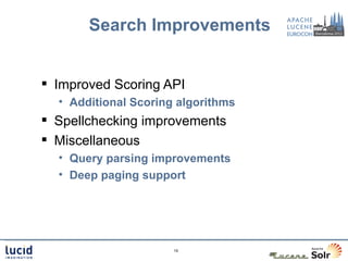 Search Improvements


 Improved Scoring API
  • Additional Scoring algorithms
 Spellchecking improvements
 Miscellaneou...