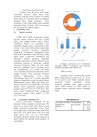 N=(Z2*S2)/ε2=(1.962*82)/12=245
Судалгааг нийт 400 хүнээс авсан бөгөөд
судалгааны асуулгын бүрэн бүтэн буюу
судалгаанд ашиглаж болох судалгаа 375 байсан
бөгөөд бусад 25 судалгааны анкет нь шаардлага
хангахгүй буюу давхар дугуйлсан, дутуу
дугуйлсан гэх зэрэг алдаа байсан учир судалгаанд
ашиглаагүй болно. Судалгааг 2015 оны 2-р сарын
23-с 3-р сарын 5-ны өдрүүдэд авсан.
2. Судалгааны хэсэг
2.1 Тандалт судалгаа
СЭЗДС болон МУИС оюутнуудын хамтарч
явуулсан тандалт судалгааг 2015 оны 2 дугаар
сарын 2-5ны өдрийн хооронд хийсэн. Тандалт
судалгааны зорилго нь судалгааны арга,
хэлбэрийн найдварт шинж, тохиромжтой эсэхийг
тогтоох, нэмж тооцоолоогүй ямар асуудлууд гарч
болохыг тогтооход чиглэгдсэн. Судалгаанд
“Кейрсигийн Темперамент Тодорхойлох” аргыг
ашигласан ба кронбахын альфа .860 буюу өндөр
гарсан хэдий ч хариултын хувилбарууд дунд
дийлэнхдээ завсрын хариултыг (заримдаа)
судалгаанд оролцогчид сонгосон байснаас үүдэн
судалгааны статистик ач холбогдлыг тодорхой
хэмжээгээр бууруулж байна гэж үзэн тухайн
хариултын хувилбарыг хассан. Түүврийн хүрээг
зөв тодорхойлохын тулд хувийн мэдээллийн
хэсэгт судалгаанд оролцогсдын ажилладаг газрын
талаарх асуултыг нэмж оруулсан. Судалгааг
бөглөхөд ойролцоогоор 15-20 минут
зарцуулагдсан бөгөөд энэ нь насанд хүрэгсдийн
анхаарал төвлөрөлтийн дундаж хугацаанд (Dianne
Dukette&David Cornish, 2009) таарч байгаа юм.
Тандалт судалгаанд 4 темпераментууд нь бизнес
эрхэлдэг болон эрхэлдэггүй хүмүүсийн хувьд
ялгаатай гарсан (X2
=.830 >Xu
2
=7.815 df=3). Мөн
бизнес эрхлэх сонирхолтой болон сонирхолгүй
хүмүүсийн хооронд ялгаа гарсан (X2
=.808
>Xu
2
=12.59 df=6).
2.2 Судалгааны боловсруулалт
Үндсэн үзүүлэлтүүд: Судалгаанд 375 хүн
оролцсон бөгөөд судалгаанд оролцогчдын 39%
буюу 141 нь эрэгтэй, 69% буюу 219 нь эмэгтэй
байна. Судалгаанд оролцогчдын 32,5%-г 25-аас
доош насны иргэд бүрдүүлж байгаа 26-40 насны
иргэд 52%, 41-55 насны иргэд 11.8%, 56-с дээш
насны иргэд 3.7%-г тус тус эзэлж байна.
Судалгаанд оролцсон хамгийн залуу оролцогч 16
настай байсан бол хамгийн настай оролцогч 70
настай байна.
График 1. Хүйсийн бүтэц
График 2. Ажил эрхлэлтийн байдал.
Эмпирик судалгааны хэсэг: Судалгааны
өгөгдлийг SPSS 21 программ дээр оруулан,
шинжилгээнүүдийг хийж гүйцэтгэсэн.
КМО хэмжилт
Түүврийн хэмжээ нь хангалттай эсэхийг
КМО хэмжигдэхүүнээр шалгаж үздэг ба энэ нь
0.7 ба түүнээс дээш байвал түүврийн хэмжээ
хангалттай гэдгийг илэрхийлдэг. Энэхүү
судалганы түүврийн хувьд дараах үзүүлэлт
гарсан. КМО хэмжилт нь 0.856 гарсан нь
түүврийн хэмжээ хангалттай байгааг илэрхийлж
байна.
39%
61%
Эрэгтэй Эмэгтэй
60
130
14
130
23
0
20
40
60
80
100
120
140
 