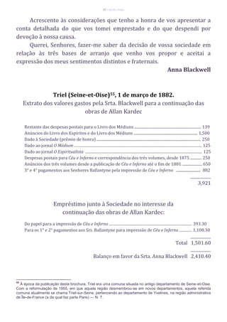 62 – Berthe Fropo
Acrescento às considerações que tenho a honra de vos apresentar a
conta detalhada do que vos tomei emprestado e do que despendi por
devoção à nossa causa.
Querei, Senhores, fazer-me saber da decisão de vossa sociedade em
relação às três bases de arranjo que venho vos propor e aceitai a
expressão dos meus sentimentos distintos e fraternais.
Anna Blackwell
Triel (Seine-et-Oise)55, 1 de março de 1882.
Extrato dos valores gastos pela Srta. Blackwell para a continuação das
obras de Allan Kardec
Restante das despesas postais para o Livro dos Médiuns ....................................................................... 139
Anúncios do Livro dos Espíritos e do Livro dos Médiuns .................................................................... 1,500
Dado à Sociedade (prêmio de honra) ............................................................................................................... 250
Dado ao jornal O Médium ............................................................................................................................................ 125
Dado ao jornal O Espiritualista ................................................................................................................................ 125
Despesas postais para Céu e Inferno e correspondência dos três volumes, desde 1875 ............ 250
Anúncios dos três volumes desde a publicação de Céu e Inferno até o fim de 1881 ..................... 650
3° e 4° pagamentos aos Senhores Ballantyne pela impressão de Céu e Inferno .......................... 882
____________
3,921
Empréstimo junto à Sociedade no interesse da
continuação das obras de Allan Kardec:
Do papel para a impressão de Céu e Inferno ........................................................................................... 393.30
Para os 1° e 2° pagamentos aos Srs. Ballantyne para impressão de Céu e Inferno .............. 1,108.30
____________
Total 1,501.60
____________
Balanço em favor da Srta. Anna Blackwell 2,410.40
55
À época da publicação desta brochura, Triel era uma comuna situada no antigo departamento de Seine-et-Oise.
Com a reformulação de 1955, em que aquela região desmembrou-se em novos departamentos, aquela referida
comuna atualmente se chama Triel-sur-Seine, pertencendo ao departamento de Yvelines, na região administrativa
de Île-de-France (a da qual faz parte Paris) — N. T.
 