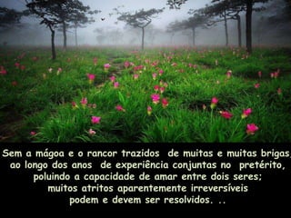 Sem a mágoa e o rancor trazidos de muitas e muitas brigas,
 ao longo dos anos de experiência conjuntas no pretérito,
      poluindo a capacidade de amar entre dois seres;
         muitos atritos aparentemente irreversíveis
              podem e devem ser resolvidos. ..
 