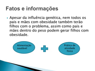  Apesar da influência genética, nem todos os
pais e mães com obesidade também terão
filhos com o problema, assim como pais e
mães dentro do peso podem gerar filhos com
obesidade.
Alimentação
saudável
Prática de
atividade
física
 