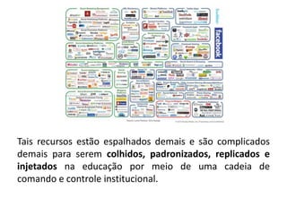 Tais recursos estão espalhados demais e são complicados
demais para serem colhidos, padronizados, replicados e
injetados na educação por meio de uma cadeia de
comando e controle institucional.
 
