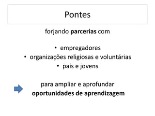 Pontes
forjando parcerias com
• empregadores
• organizações religiosas e voluntárias
• pais e jovens
para ampliar e aprofundar
oportunidades de aprendizagem
 