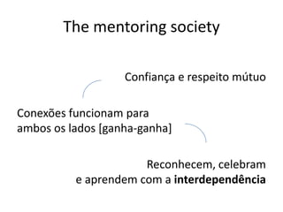 The mentoring society
Confiança e respeito mútuo
Conexões funcionam para
ambos os lados [ganha-ganha]
Reconhecem, celebram
e aprendem com a interdependência
 